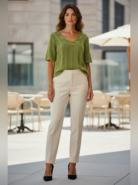 LE GRENIER, Olive Green Open Knit Sweater Top Crochet Boho Stretch, Medium